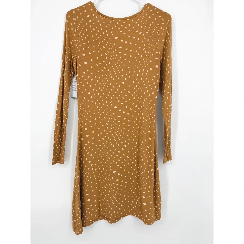 BP. Women Tan Brown Polka Dot V-Neck Long Sleeve Mini Dress Small NWT